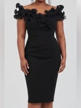 NWT Xscape Scuba Crepe V-Neck Sleeveless Ruffle Trim Ruched Back Dress Size 20W